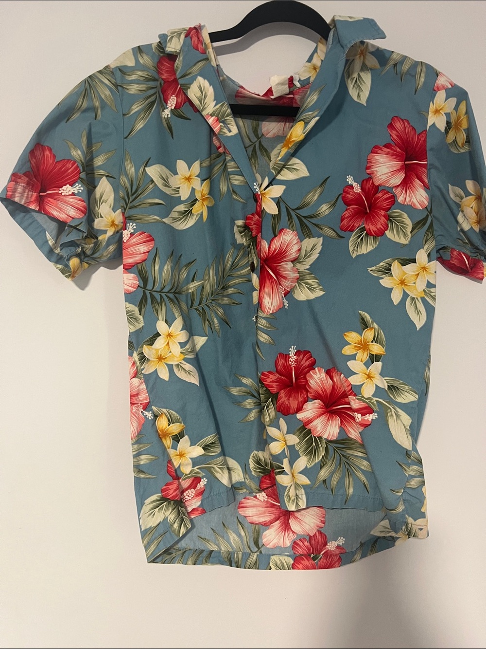 Tropical Floral Button-Front Shirt - Blue with Red & Yellow Flowers